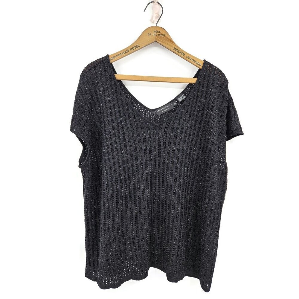Dana Buchman Beaded Knit Silk Blouse Womens 3x Black Sheer